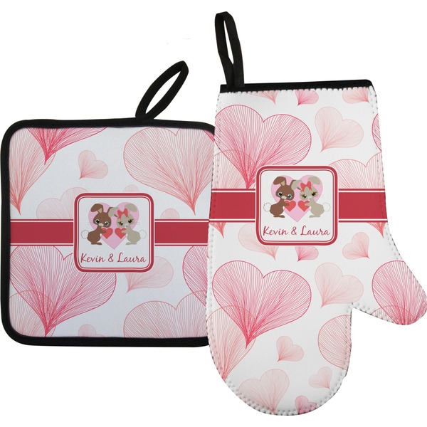 Custom Hearts & Bunnies Right Oven Mitt & Pot Holder Set w/ Couple's Names