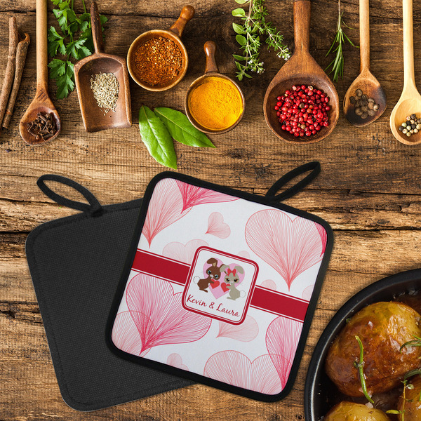 Hearts & Bunnies Neoprene Pot Holder - Set of 2  LIFESTYLE (Flatlay)