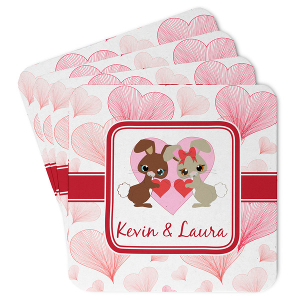 Custom Hearts & Bunnies Paper Coasters w/ Couple's Names