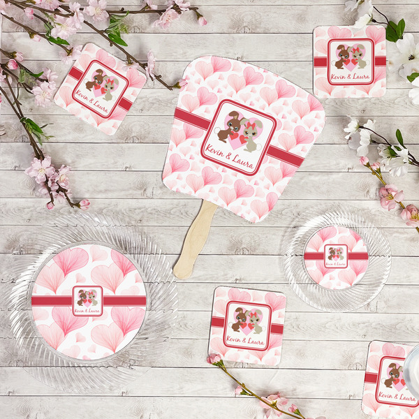 Hearts & Bunnies Party Supplies Combination Image - All items - Plates, Coasters, Fans