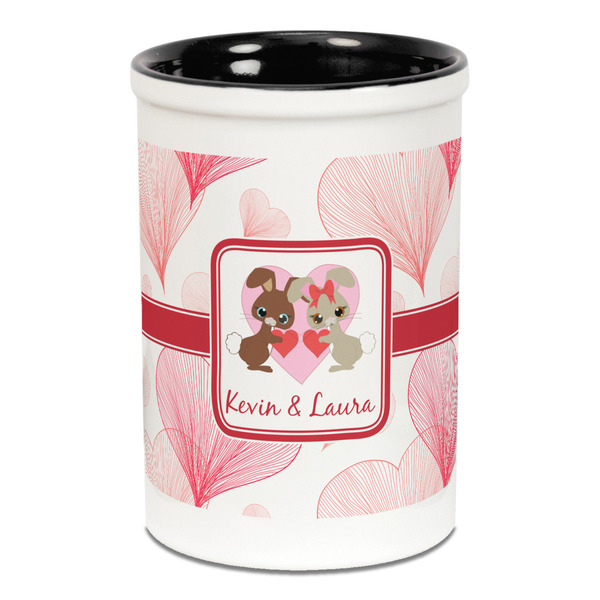 Custom Hearts & Bunnies Ceramic Pencil Holders - Black