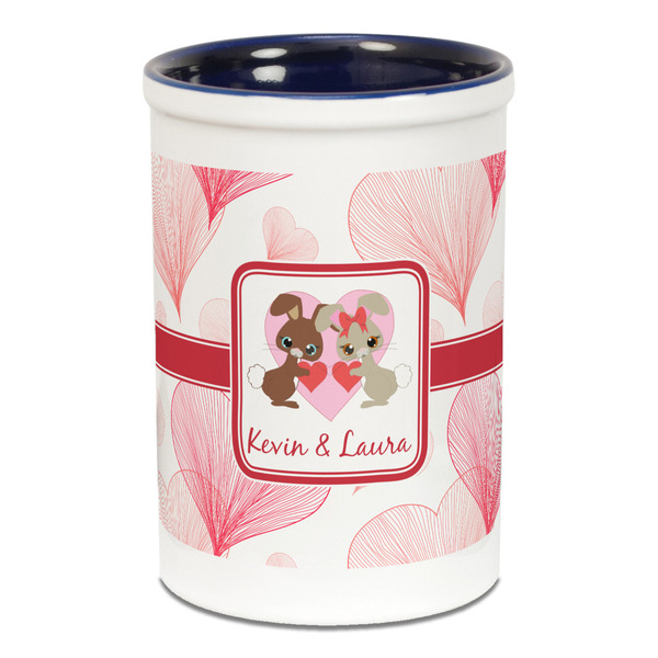 Custom Hearts & Bunnies Ceramic Pencil Holders - Blue