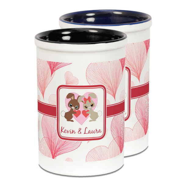 Custom Hearts & Bunnies Ceramic Pencil Holder - Large