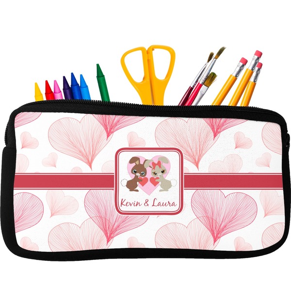 Custom Hearts & Bunnies Neoprene Pencil Case - Small w/ Couple's Names