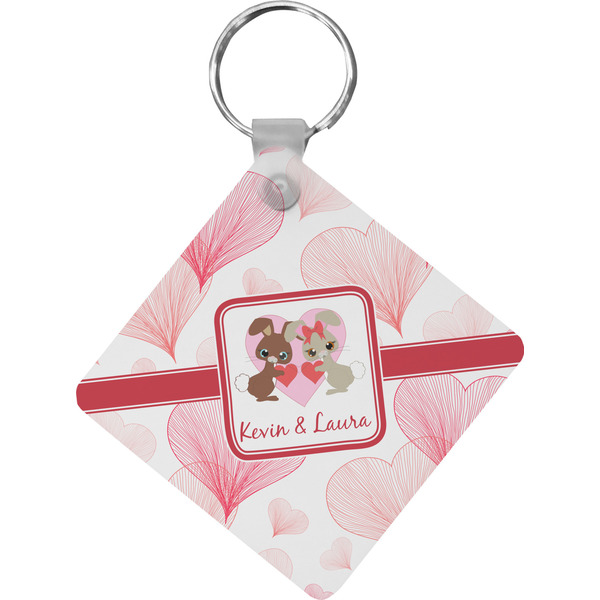 Custom Hearts & Bunnies Diamond Plastic Keychain w/ Couple's Names
