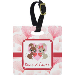 Hearts & Bunnies Plastic Luggage Tag - Square w/ Couple's Names