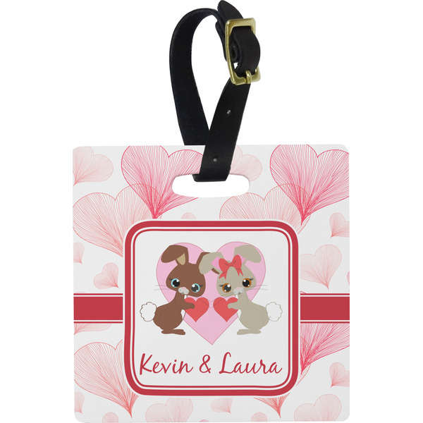 Custom Hearts & Bunnies Plastic Luggage Tag - Square w/ Couple's Names