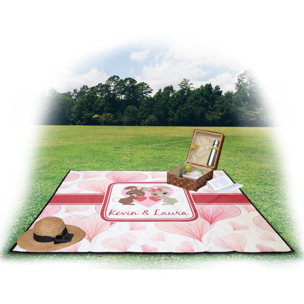 Hearts & Bunnies Picnic Blanket - with Basket Hat and Book - in Use