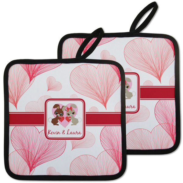 Custom Hearts & Bunnies Pot Holders - Set of 2 w/ Couple's Names