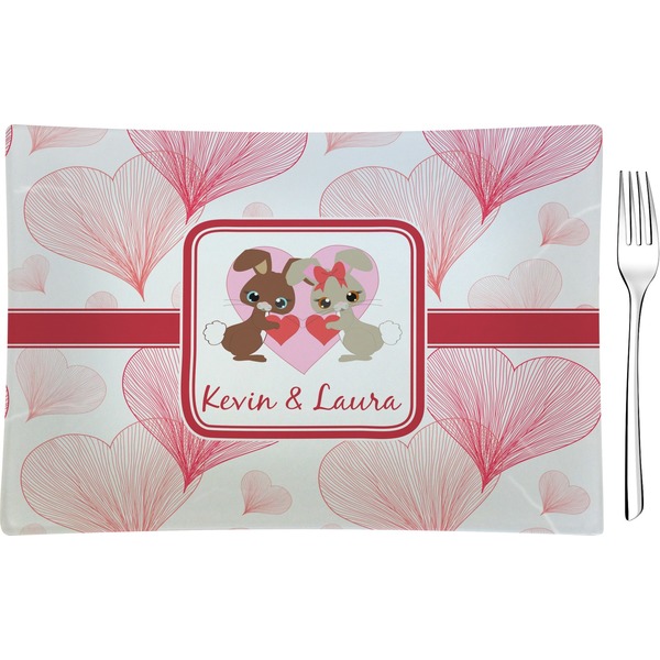 Custom Hearts & Bunnies Rectangular Glass Appetizer / Dessert Plate - Single or Set (Personalized)