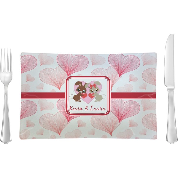 Custom Hearts & Bunnies Glass Rectangular Lunch / Dinner Plate (Personalized)
