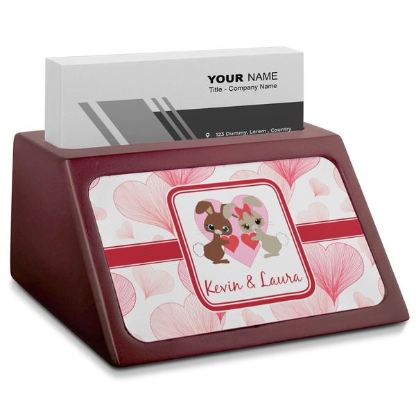 Custom Hearts & Bunnies Red Mahogany Business Card Holder (Personalized)