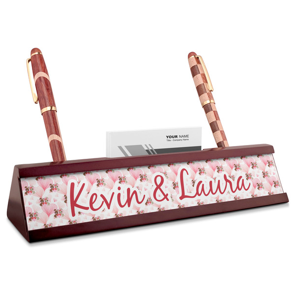 Custom Hearts & Bunnies Red Mahogany Nameplate with Business Card Holder (Personalized)