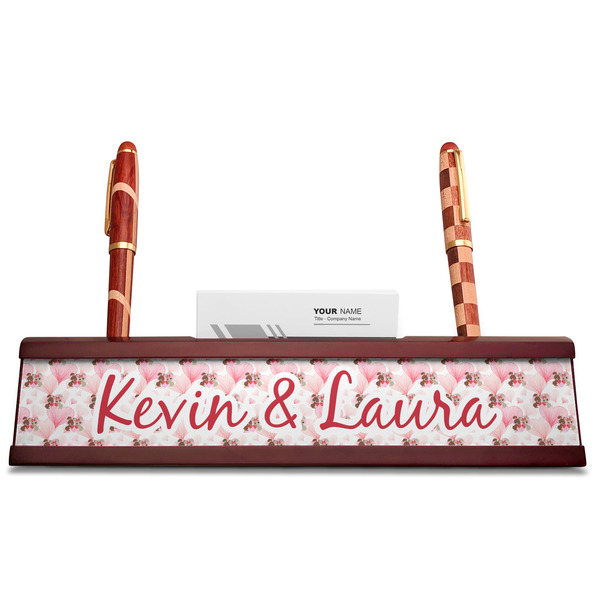Hearts & Bunnies Red Mahogany Nameplates with Business Card Holder - Straight
