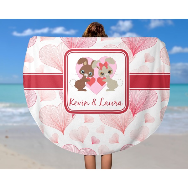 Hearts & Bunnies Round Beach Towel - In Use