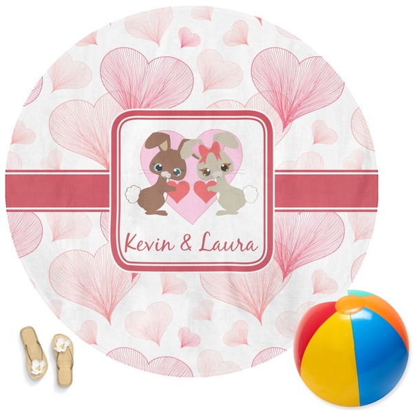 Custom Hearts & Bunnies Round Beach Towel (Personalized)