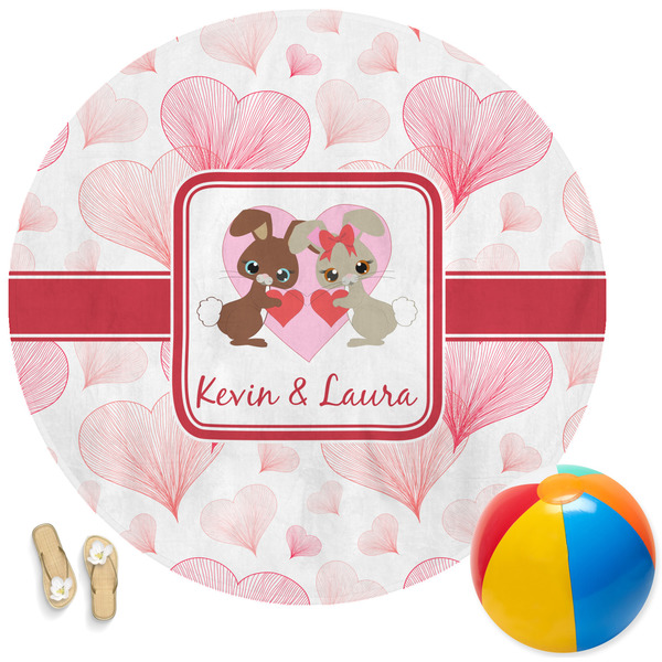 Custom Hearts & Bunnies Round Beach Towel (Personalized)