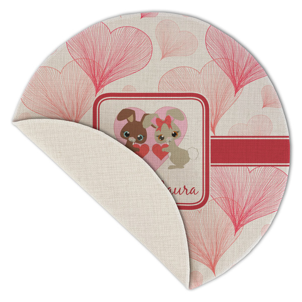 Hearts & Bunnies Round Linen Placemats - Front (folded corner single sided)