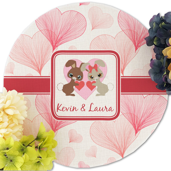 Hearts & Bunnies Round Linen Placemats - Front (w flowers)