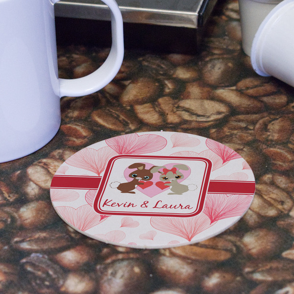Hearts & Bunnies Round Paper Coaster - Front