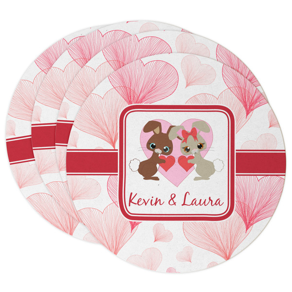 Custom Hearts & Bunnies Round Paper Coasters w/ Couple's Names