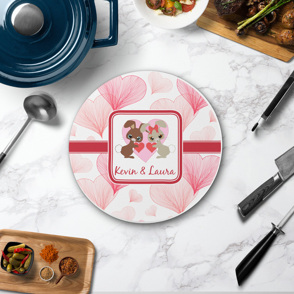 Hearts & Bunnies Round Stone Trivet - In Context View