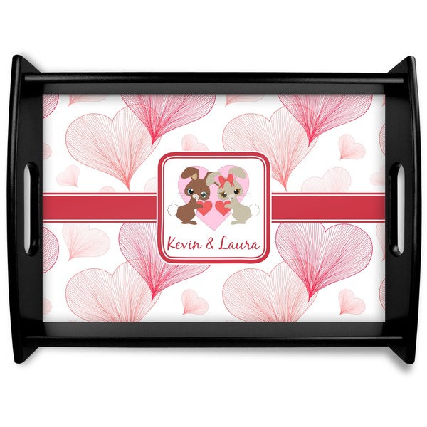 Custom Hearts & Bunnies Black Wooden Tray - Large (Personalized)