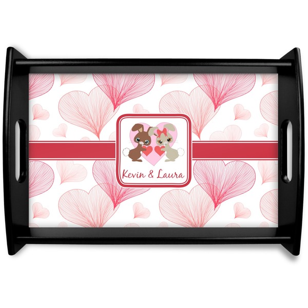 Custom Hearts & Bunnies Black Wooden Tray - Small (Personalized)