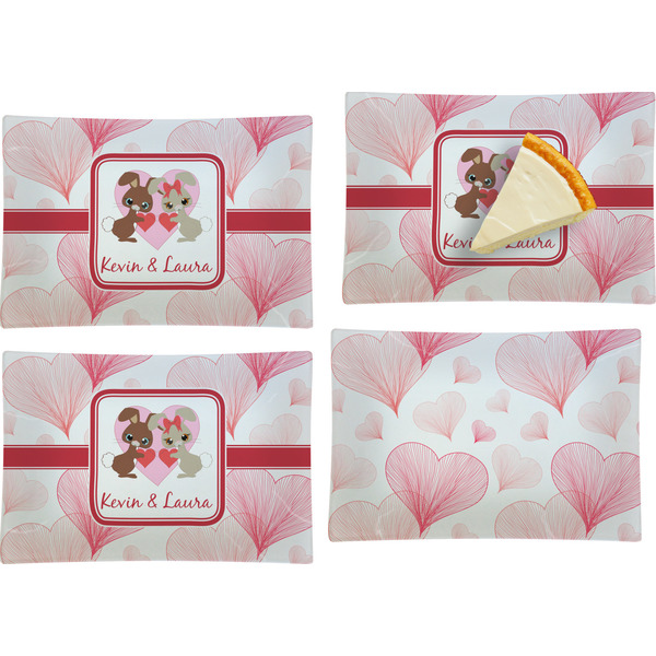 Custom Hearts & Bunnies Set of 4 Glass Rectangular Appetizer / Dessert Plate (Personalized)