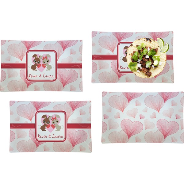 Custom Hearts & Bunnies Set of 4 Glass Rectangular Lunch / Dinner Plate (Personalized)