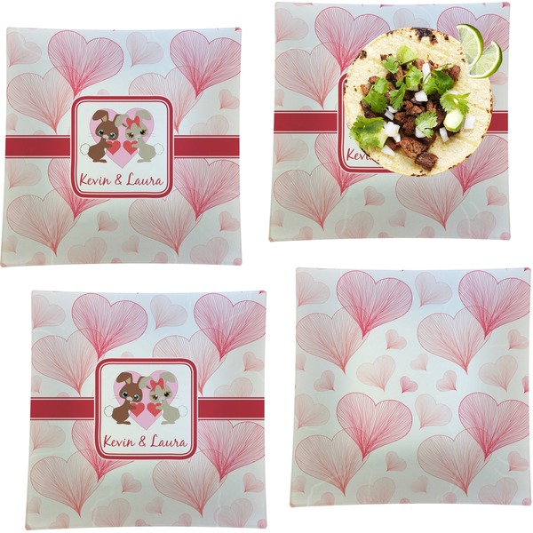 Custom Hearts & Bunnies Set of 4 Glass Square Lunch / Dinner Plate 9.5" (Personalized)