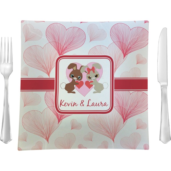 Custom Hearts & Bunnies 9.5" Glass Square Lunch / Dinner Plate- Single or Set of 4 (Personalized)