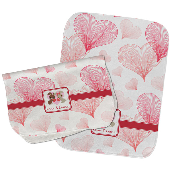 Custom Hearts & Bunnies Burp Cloths - Fleece - Set of 2 w/ Couple's Names
