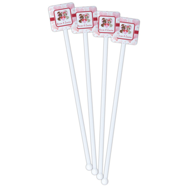 Hearts & Bunnies White Plastic Stir Stick - Double Sided - Square - Front