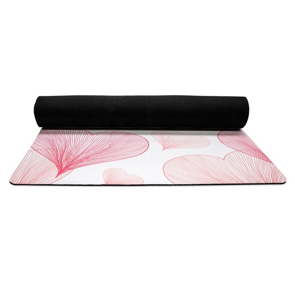 Hearts & Bunnies Yoga Mat Rolled up Black Rubber Backing