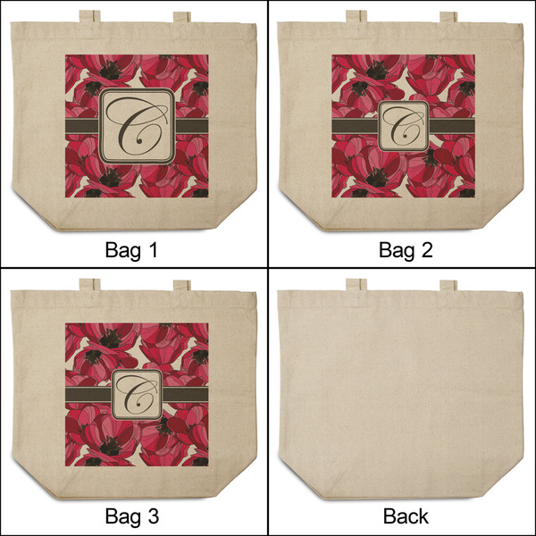 Tulips 3 Reusable Cotton Grocery Bags - Front & Back View