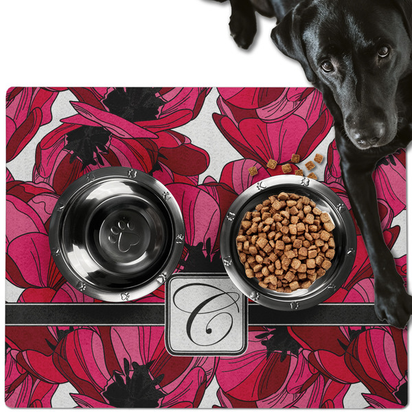 Custom Tulips Dog Food Mat - Large w/ Initial