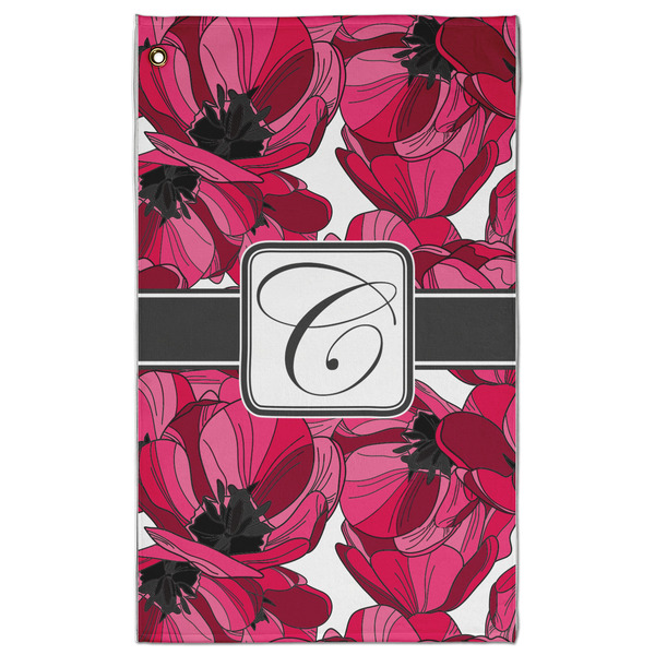 Custom Tulips Golf Towel - Poly-Cotton Blend w/ Initial