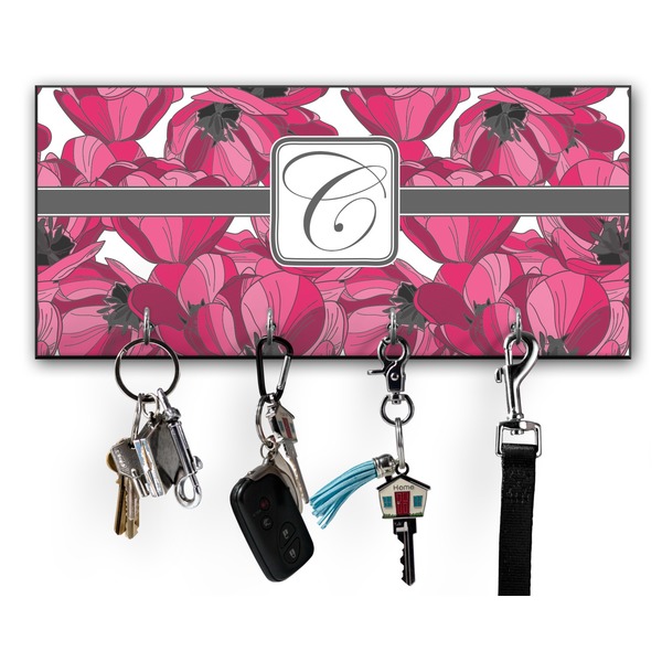 Custom Tulips Key Hanger w/ 4 Hooks w/ Initial