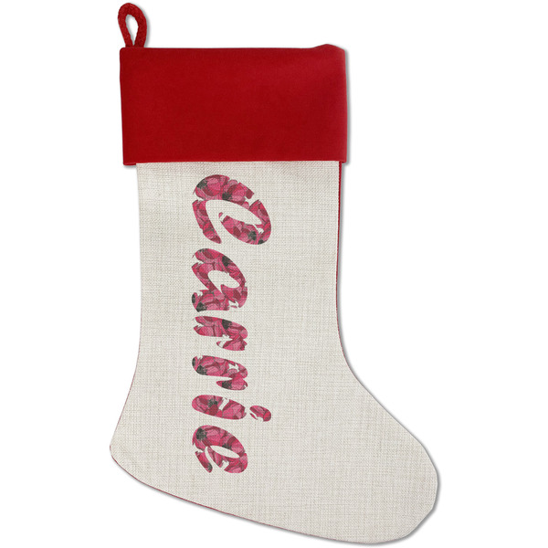 Custom Tulips Red Linen Stocking (Personalized)