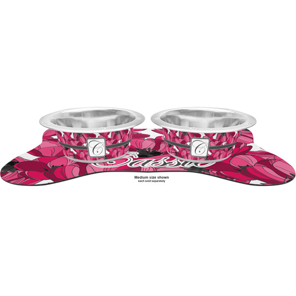 Tulips Metal Pet Bowls - On Dog Bone Shaped Mat