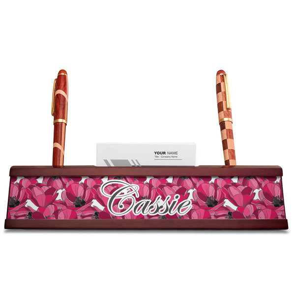 Tulips Red Mahogany Nameplates with Business Card Holder - Straight