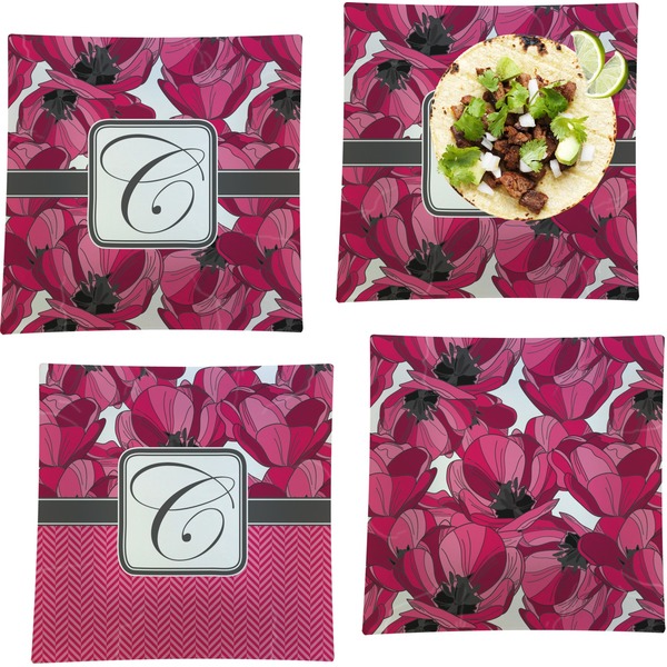 Custom Tulips Set of 4 Glass Square Lunch / Dinner Plate 9.5" (Personalized)