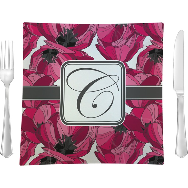 Custom Tulips 9.5" Glass Square Lunch / Dinner Plate- Single or Set of 4 (Personalized)