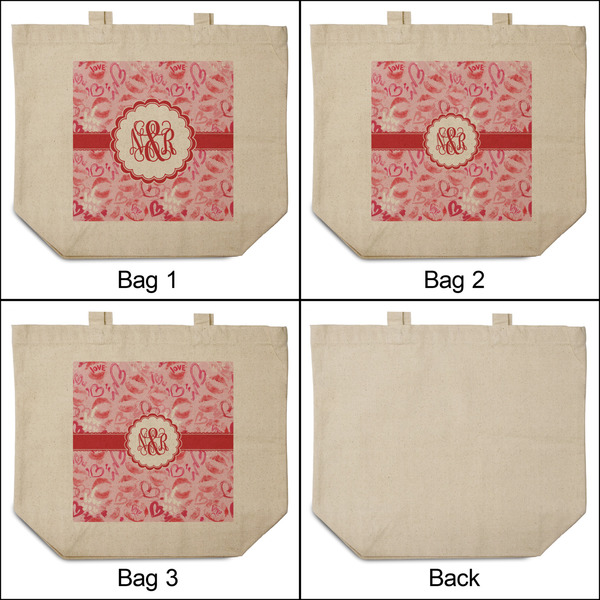 Lips n Hearts 3 Reusable Cotton Grocery Bags - Front & Back View