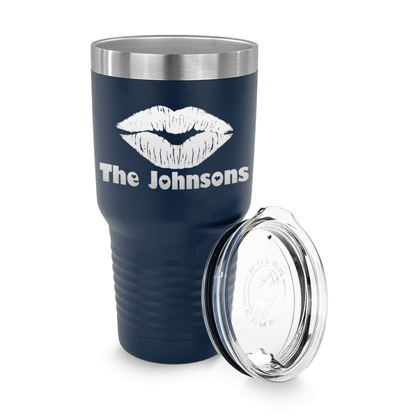 Lips n Hearts 30 oz Stainless Steel Ringneck Tumblers - Navy - LID OFF