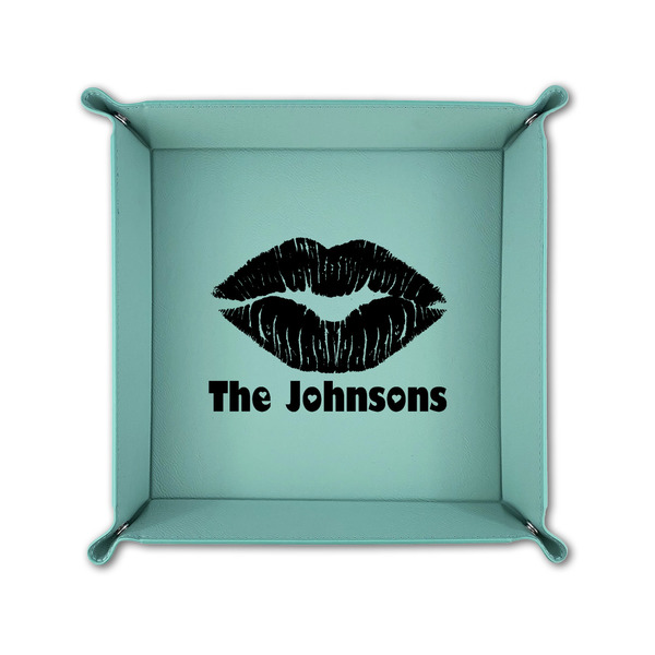 Lips n Hearts 6" x 6" Teal Leatherette Snap Up Tray - FOLDED UP