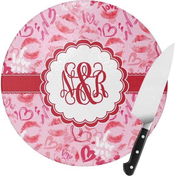 Custom Lips n Hearts Round Glass Cutting Board - Small (Personalized)