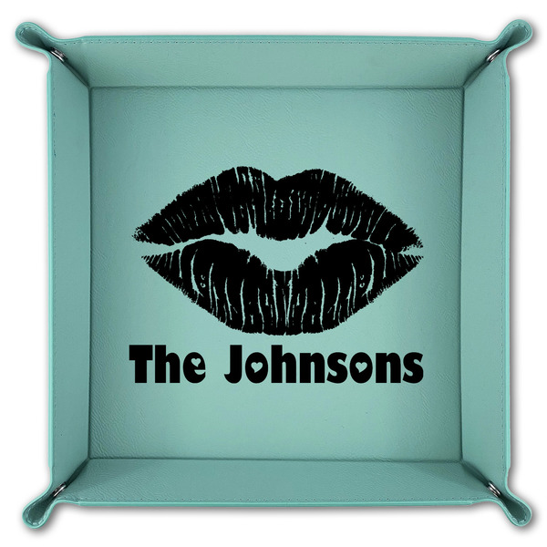Lips n Hearts 9" x 9" Teal Leatherette Snap Up Tray - FOLDED