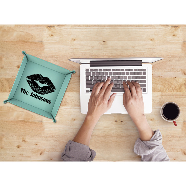 Lips n Hearts 9" x 9" Teal Leatherette Snap Up Tray - LIFESTYLE